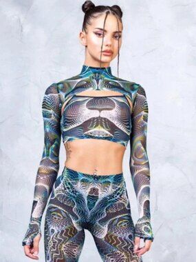 Badinka Vapor Trance Mesh 2 Piece Set Shrug Top & Crop Top - Small